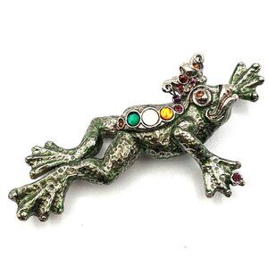 Fabulous Signed Sweet Romance USA Enamel Frog Prince Pendant Brooch Pin 4"